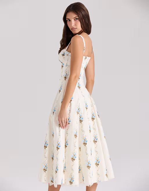 House of CB Rosalee cotton corset midi dress in cream floral print | ASOS | ASOS (Global)