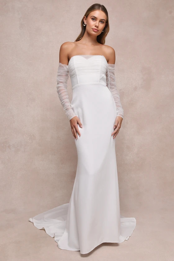 Eternal Bliss White Tulle Off-the-Shoulder Bustier Maxi Dress | Lulus