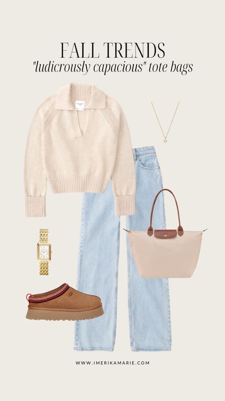 fall fashion trends. abercrombie and fitch sweater. wide leg jeans. ugg tazz slippers chestnut. longchamp tote bag natural. fossil gold square watch. fall outfit. fall shoes. fall trends

#LTKSeasonal #LTKitbag #LTKstyletip