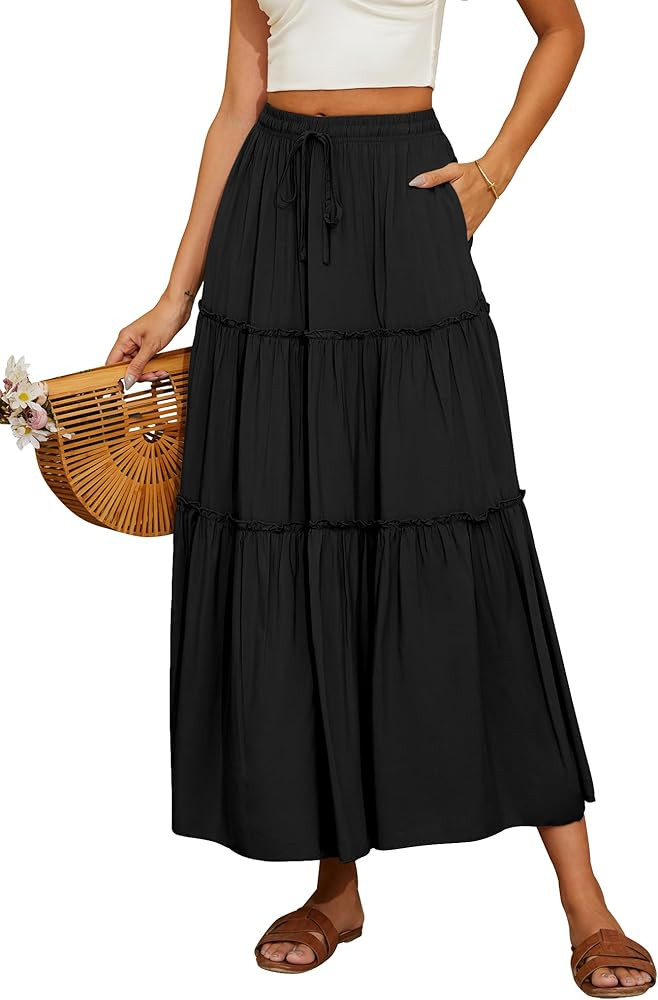 NASHALYLY Skirts for Women Boho Elastic Waisted Drawstring Swing Ruched 3 Tiered Maxi Skirt with ... | Amazon (US)