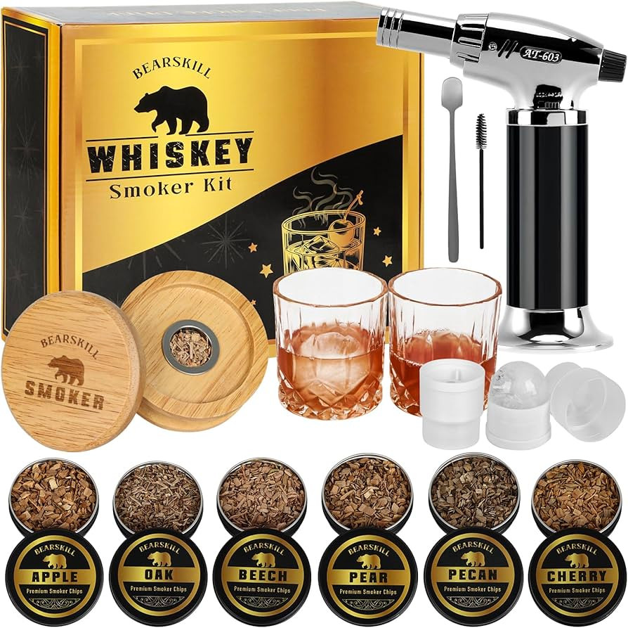 Whiskey Smoker Kit with Torch - 6 Natural Wood Chips Flavors, 2 Glasses, 2 Ice Molds - Cocktail S... | Amazon (US)