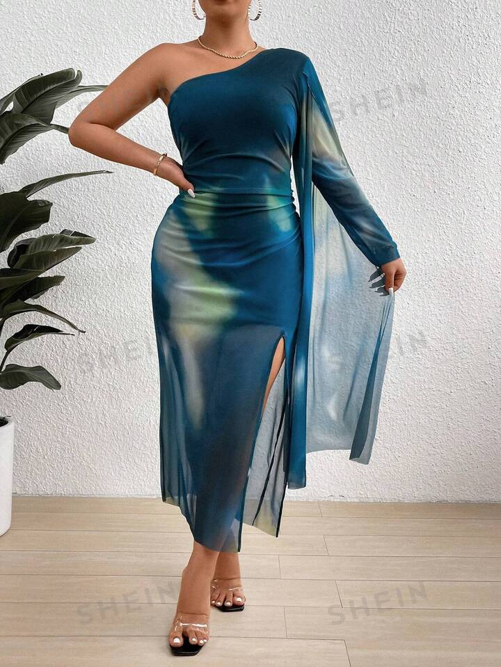 SHEIN Belle Plus Tie Dye One Shoulder Split Thigh Dress | SHEIN USA | SHEIN