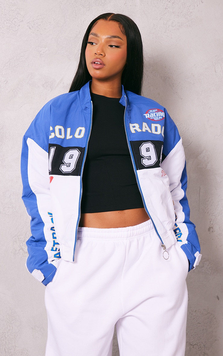Blue And White Oversized Graphic Zipper Racer Bomber Jacket | PrettyLittleThing US