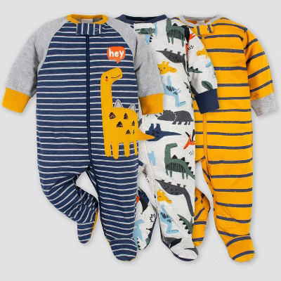 Gerber Baby Boys' 3pk Dino Zip-Front Sleep N' Play - Purple/White/Yellow 3-6M | Target
