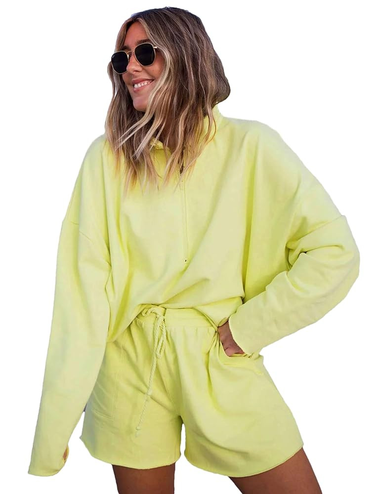 Bozanly Women's 2 Piece Outfits Casual Quarter Zip Long Sleeve Pullover and Drawstring Shorts Lou... | Amazon (US)