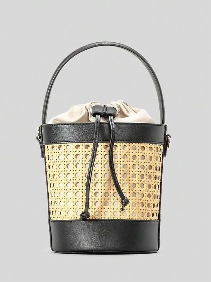 Fashion Hollow Bucket Bag Imation Wicker Woven Women Handbags Luxury Pu Leather Shoulder Crossbody Bags Summer Beach Bag 2025, Perfectly Matching With Vacation Outfits Women | SHEIN