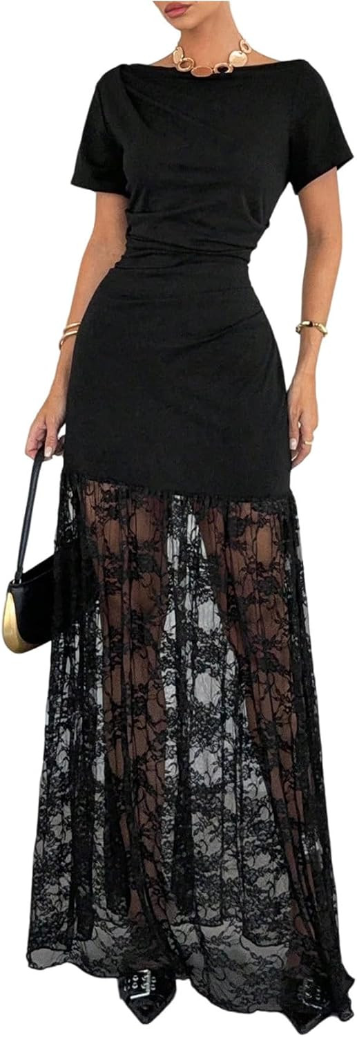 GORGLITTER Women's Short Sleeve Lace Maxi Dress Dressy Ruched Boat Neck Patchwork Wedding Guest Party Ruffle Shirt Dresses | Amazon (US)