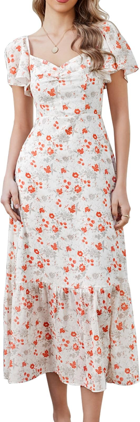 GLNEGE Women's 2024 Summer Short Sleeve Midi Floral Dresses Casual Boho Flowy Beach Dress Smocked... | Amazon (US)