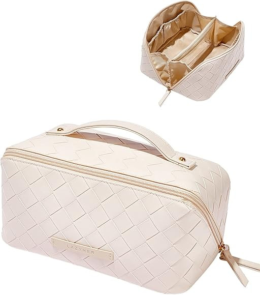 EACHY Travel Makeup Bag,Large Capacity Cosmetic Bags for Women,Waterproof Portable Pouch Open Flat Toiletry Bag Make up Organizer with Divider and Handle (Checkered-White, Medium) | Amazon (US)