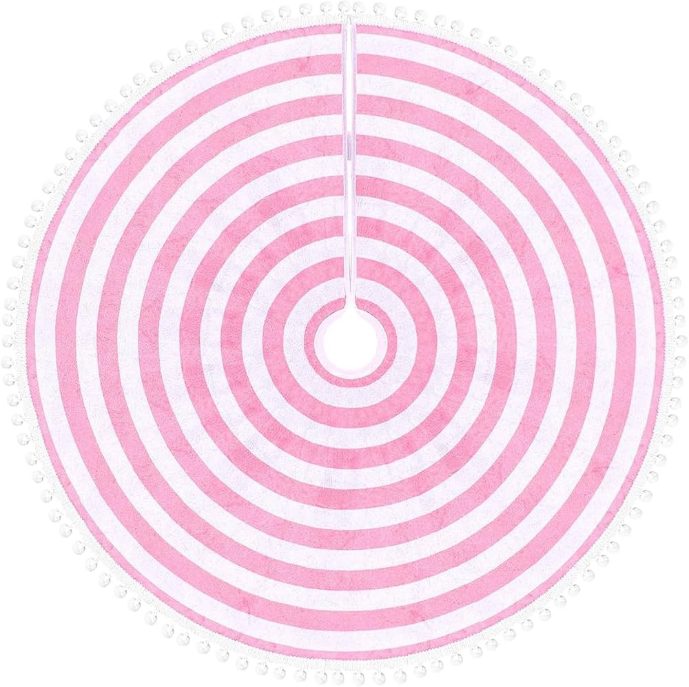 MACTING Christmas Mini Tree Skirt 30 Inch Pink and White Small Annual Rings Tree Mat with Pom Pom... | Amazon (US)