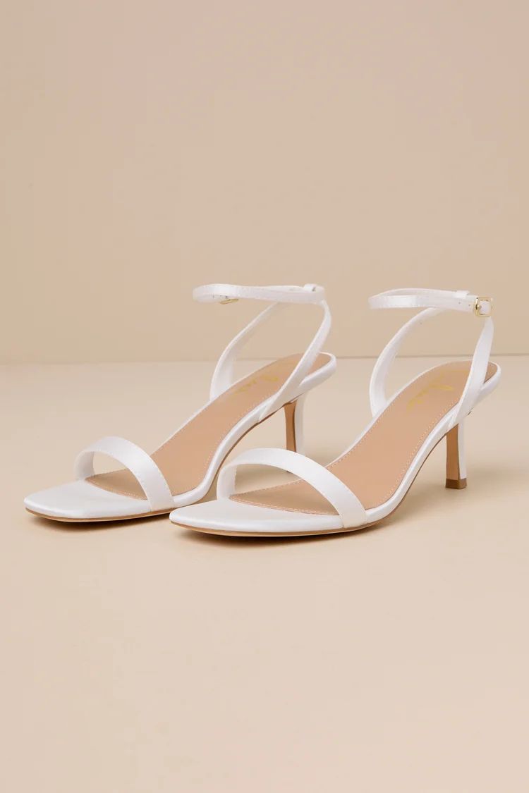 Ensley White Satin Kitten Heel Ankle Strap Sandals | Lulus