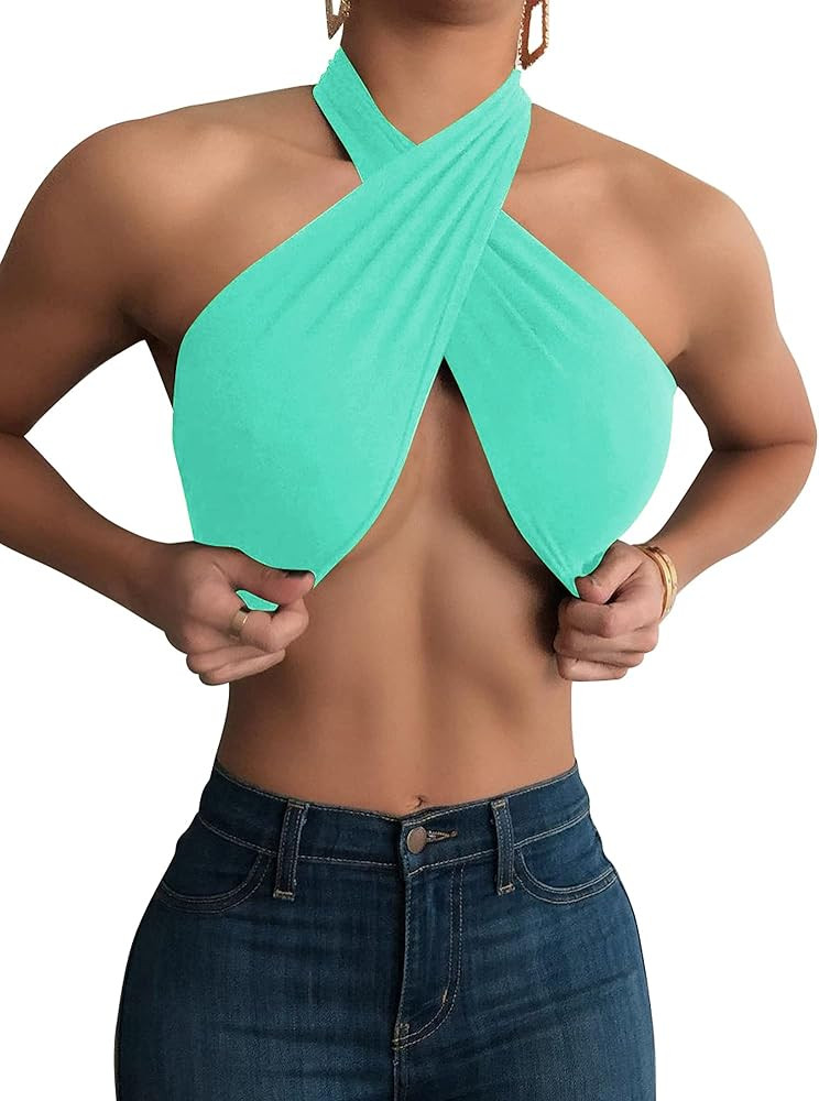 Mokoru Women's Sexy Sleeveless Halter Criss Cross Tank Crop Tops Self Tie Backless Cami | Amazon (US)