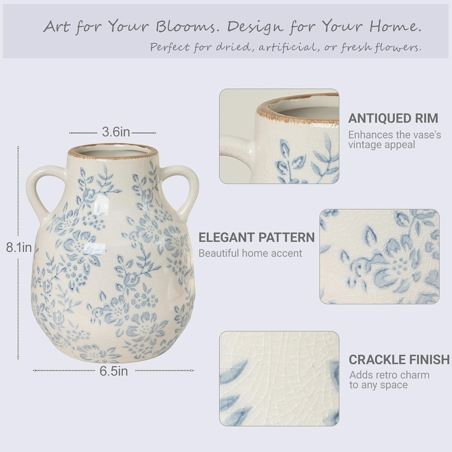 Ceramic Vase Vintage Flower Vase, Blue and White Chinoiserie Floral Decorative Vase, Rustic Retro... | Amazon (US)