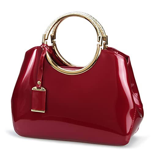 HOXIS Charm Glossy Metal Grip Structured Shoulder Handbag Top Handle Patent Leather Handbags for Women (Red) | Amazon (US)