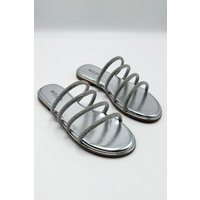 Miss Diva Women's Sirra Diamante Embellished 4 Strap Sliders in Silver | Debenhams UK
