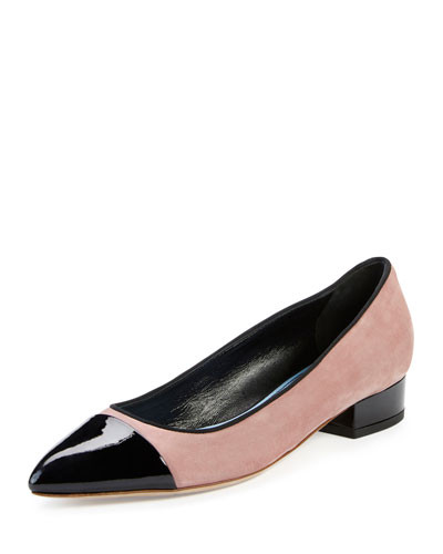Suede Pointed Cap-Toe Pump, Medium Pink/Black | Neiman Marcus
