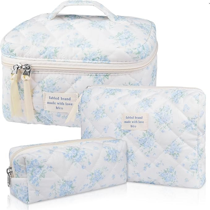Gosect Makeup Bag Set, Quilted Makeup Bag, Large Floral Cosmetic Bag for Women, Cute Cotton Makeu... | Amazon (US)