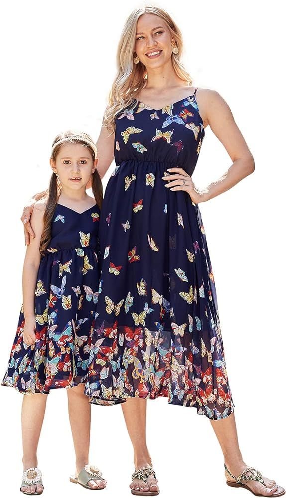 Mommy and Me Dresses Vintage Butterfly Floral Printed Spaghetti Straps V-Neck Beach Cami Dress | Amazon (US)