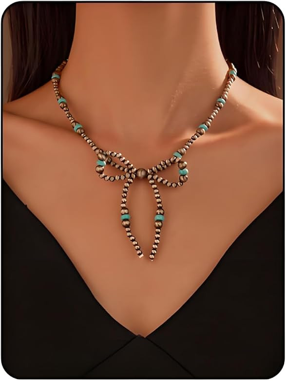 Navajo Pearl Necklace For Women, Western Bow Pearl Necklace Turquoise Beaded Statement Necklace T... | Amazon (US)