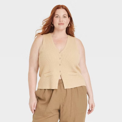 Women's Button-Front Sweater Vest - Universal Thread™ Tan 2X: Cotton-Nylon Blend, Slim Fit, V Neck, Machine Washable | Target