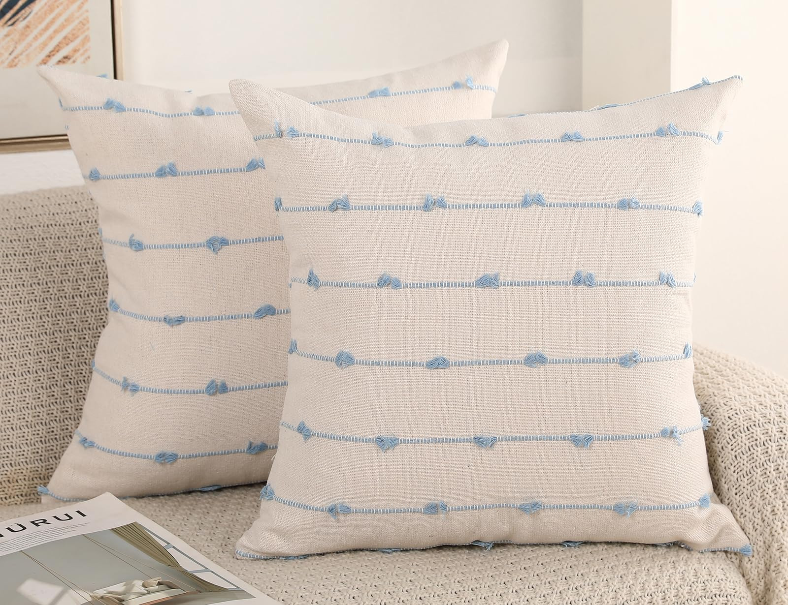 Set of 2 Boho Throw Pillow Covers 16x16,Light Blue and White Neutral Couch Pillow Case with Tasse... | Amazon (US)