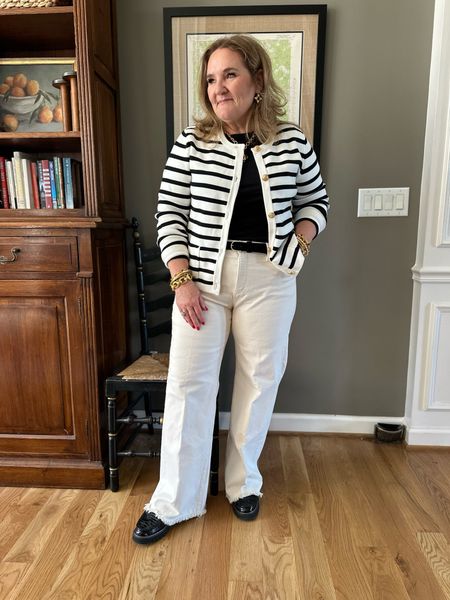 Easy monochromatic style. 
Ecru jeans size 12
Sweater size large 
Tee size large. 
I’ll link a few sandals or espadrilles to go with it. It was a chilly day when I wired this! 

Spring outfits black and white neutral looks 

#LTKsalealert #LTKmidsize #LTKover40