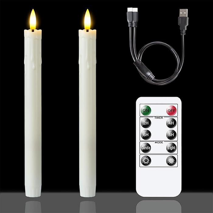 Rechargeable Flameless Timer Remote Taper Candles, 2pcs 0.86" x10" LED Flickering Dripping Wax Wi... | Amazon (US)