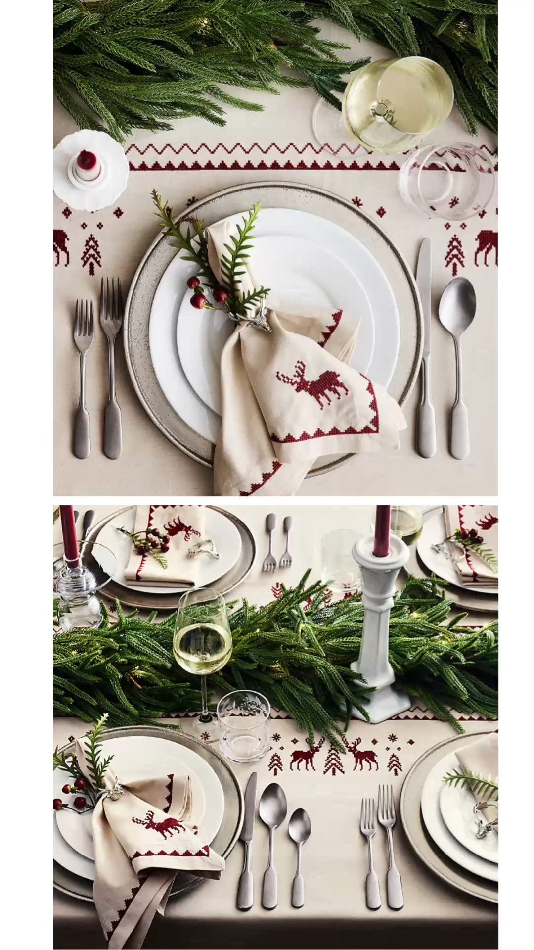 Festive Christmas table decor ideas, holiday table setting, reindeer, table runner, glass candle holder with sleeve , bows, garland, holiday decor, Christmas plates, napkins, centerpiece, tablescape, placemats, glassware, flatware, organic modern, minimalist, transitional, red and white, green, Nordic, napkin ring, festive, Crate & Barrel style, Pottery Barn aesthetic, table decor

#LTKHome #LTKSaleAlert #LTKHoliday