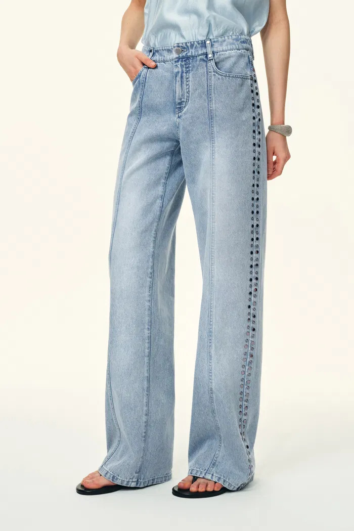 Calli Studded Beading Panel Straight Jeans in in Cotton Denim | Fabrique