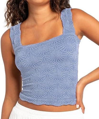 Women's Square Neck Wide Strap Crop Tank Tops Flower Going Out Tops Slim Fit Lettuce Trim Crop Ca... | Amazon (US)