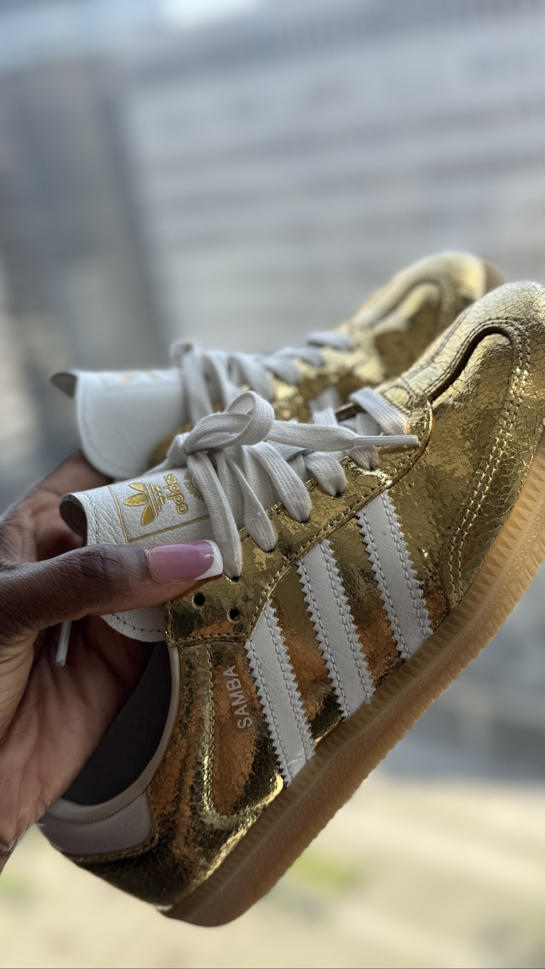 Casual summer style featuring the viral metallic gold Adidas Sambas. These add the perfect pop to any outfit whether it be denim shorts or casual dresses! I usually get a half size down from my regular size. 

#summeroutfitinspo #metallicsneakers #ltkstyletip