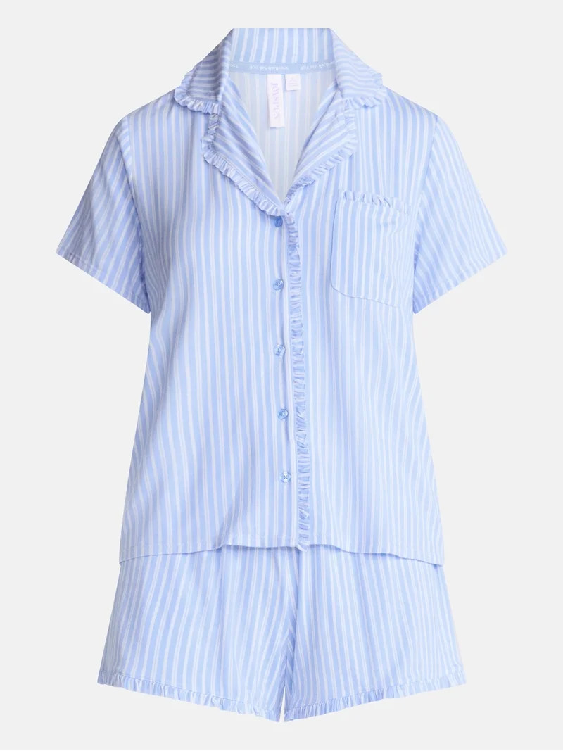 Joyspun Women’s Modal-Blend Ruffle Trim Notch Collar Top and Shorts Pajama Set, 2 Piece, Sizes ... | Walmart (US)