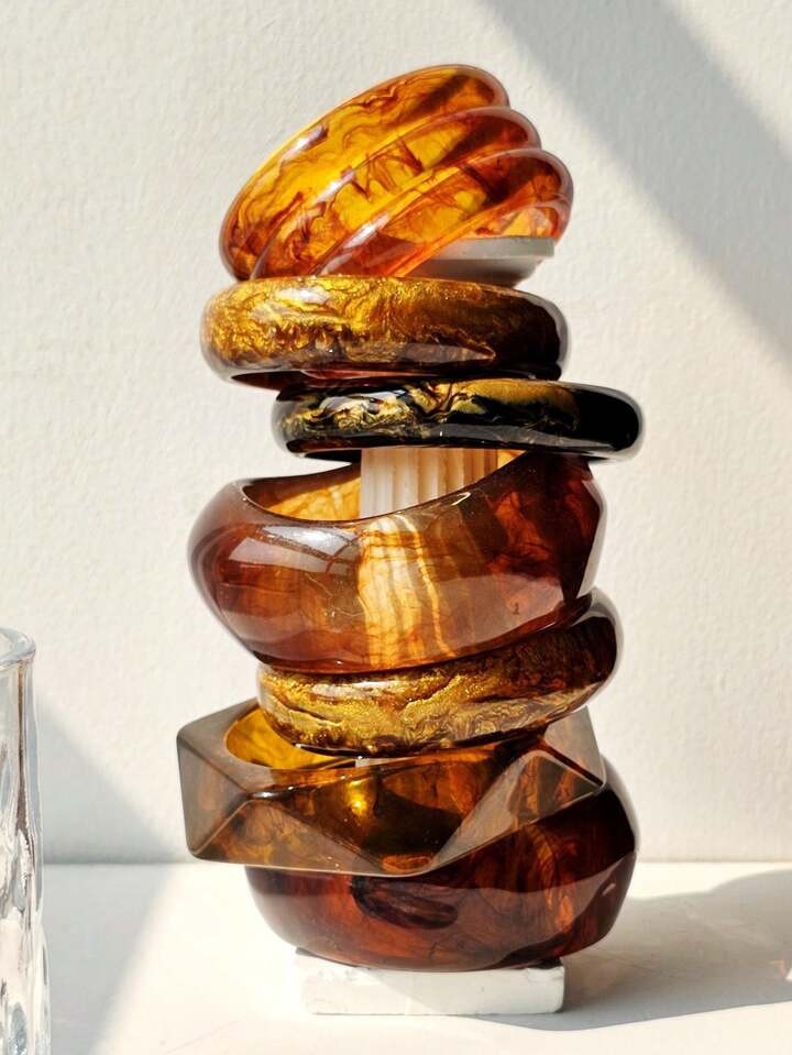 1pc Luxury Vintage Asymmetrical Brownish Gradient Resin Bracelet, Chunky Design For Autumn/Winter | SHEIN