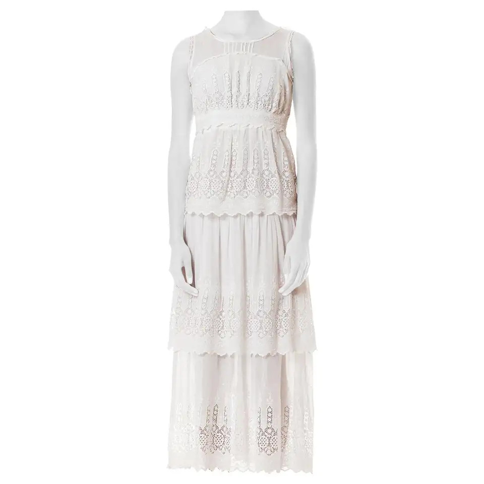 Edwardian White Cotton Embroidered Lace 3 Tiered Skirt Dress | 1stDibs