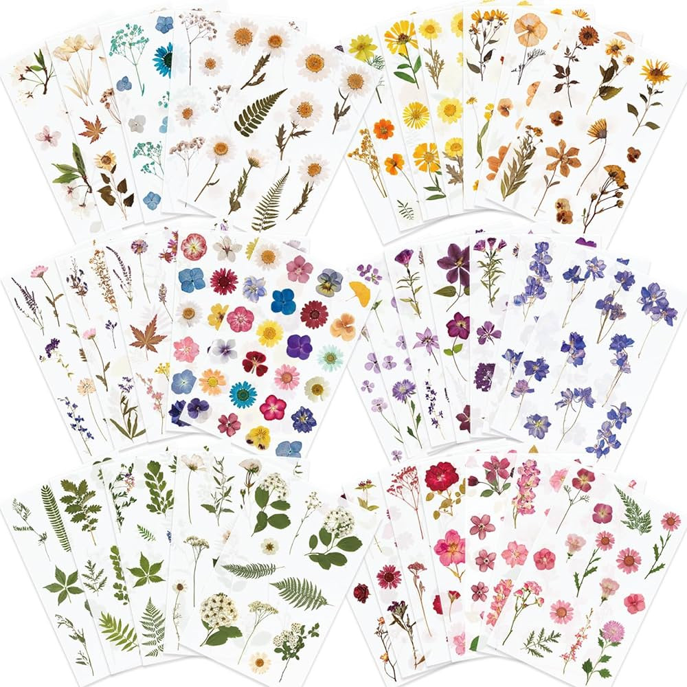 Knaid Pressed Flower Themed Stickers (Assorted 486 Pieces, 36 Sheets) Dried Floral Resin Stickers... | Amazon (US)
