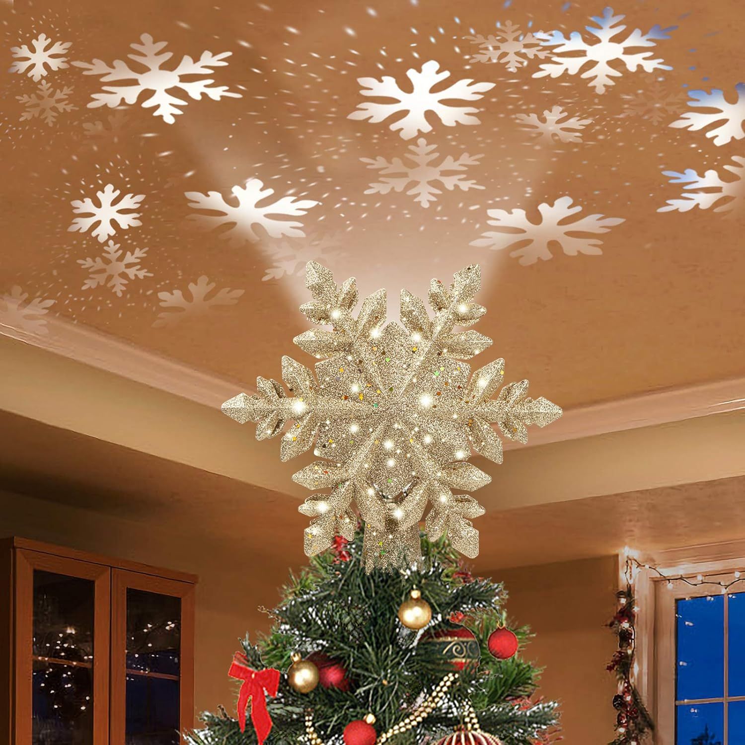 DG-Direct Christmas Tree Topper Lighted with Golden Snowflake Projector, Led Rotating Magic Snowf... | Amazon (US)
