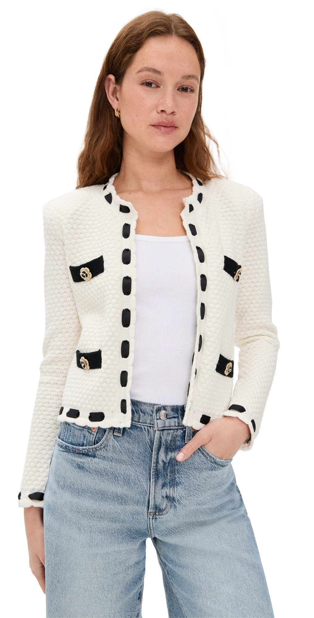 L'AGENCE Astor Contrast Trim Cardigan Ivory/Black S | Shopbop