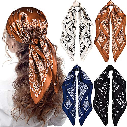 Syhood 4 Pcs 27'' Square Satin Bandanas for Women, Paisley Head Scarves Neck Hair Wrap Large Handkerchief Headwear Headband(Navy Blue, Coffee, Black Beige) | Amazon (US)