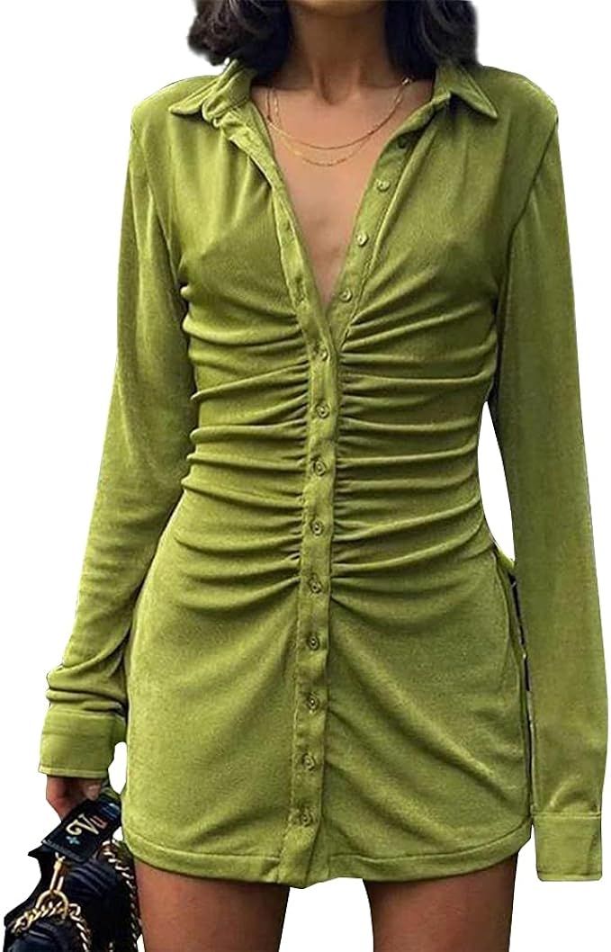 Keluomanduo Women Sexy Bodycon Dress Long Sleeve Button Ruched Mini Shirt Dresses | Amazon (US)