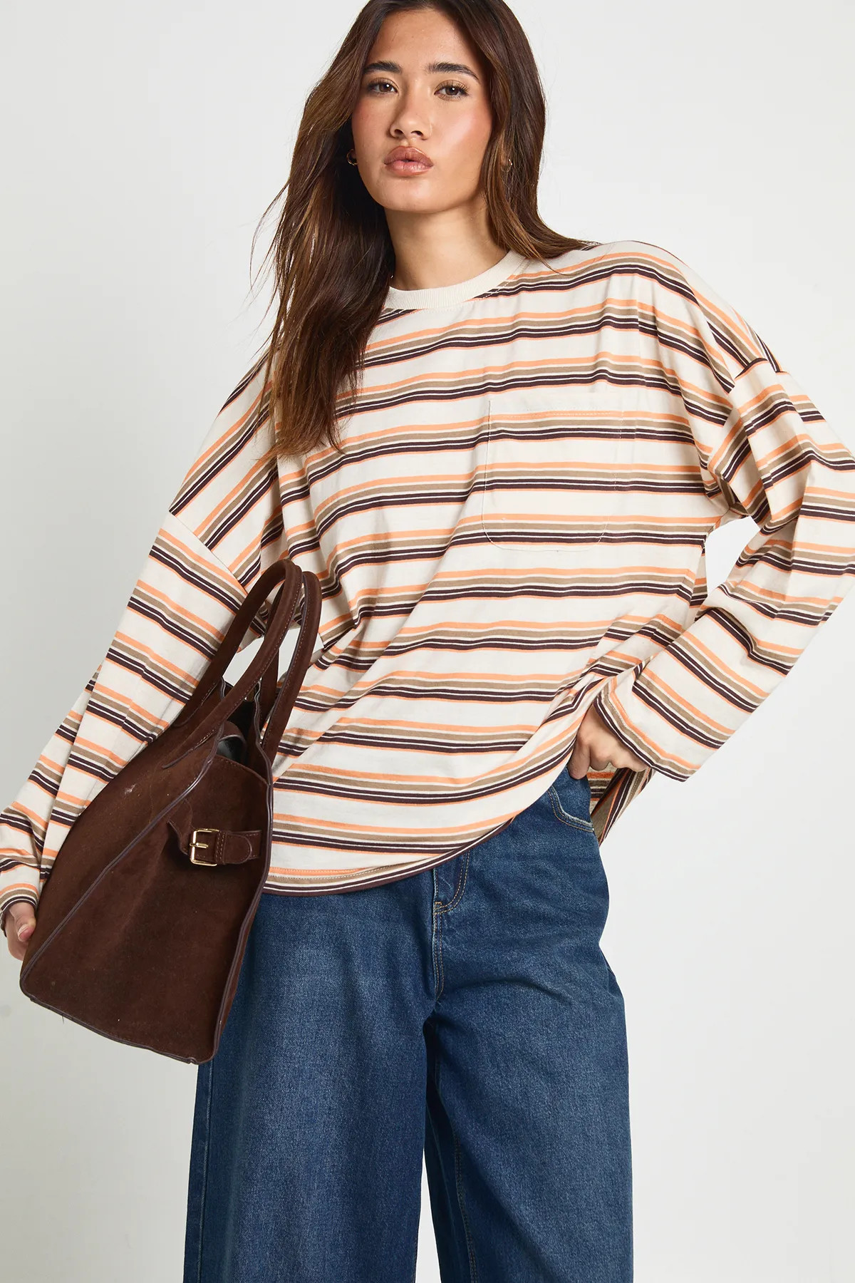 Orange Striped Cotton Pocket Front Long Sleeve Top | Boohoo | Boohoo.com (UK & IE)