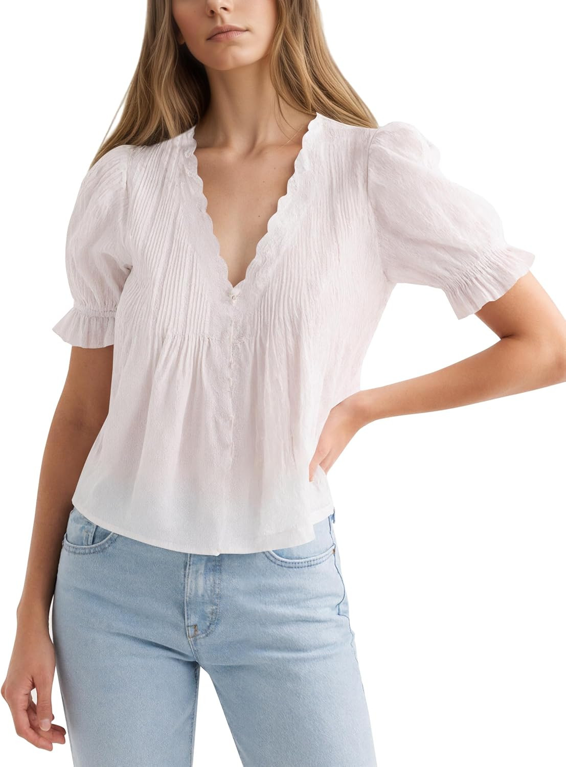 MISSACTIVER Women’s Scalloped Hem See Through Blouse Shirt Button Down Puff Sleeve V-Neck Embroidered Ruched Flowy Tops White | Amazon (US)