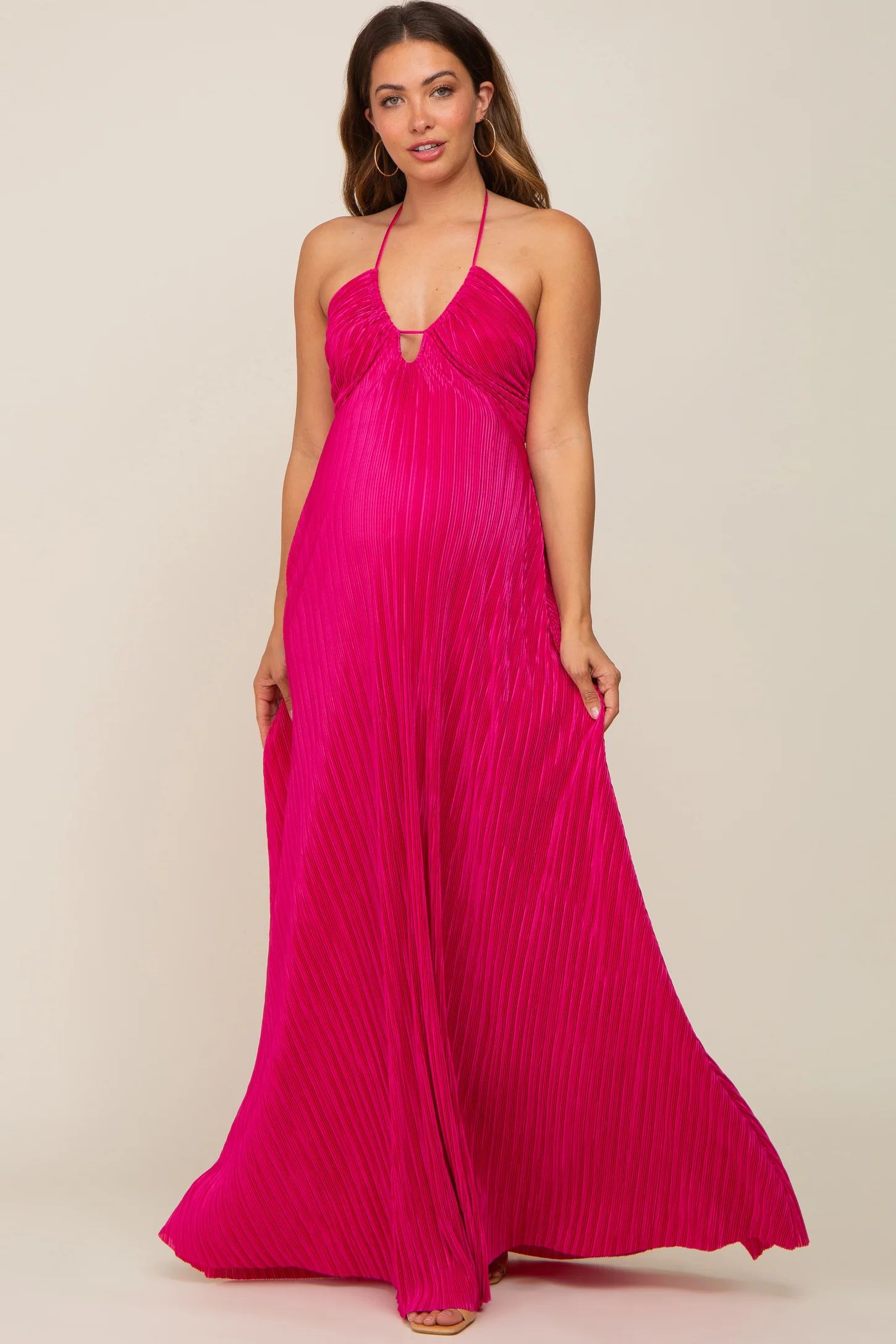 Fuchsia Plisse Halter Back Tie Maternity Maxi Dress | PinkBlush Maternity