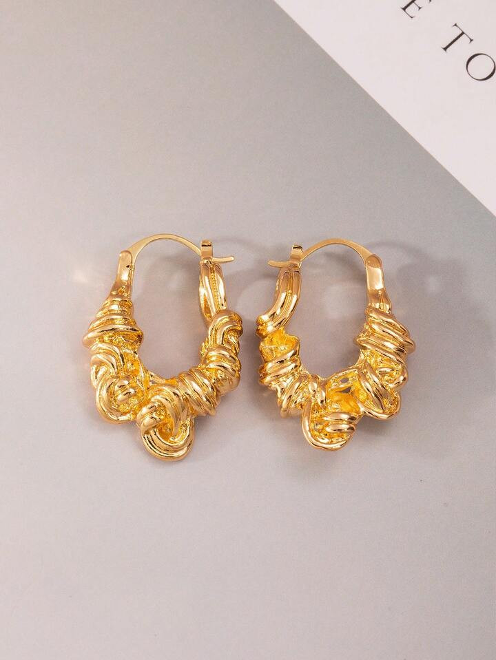 1 Pair Of Women's Niche Design Asymmetric Gold Ear Buckles About Summer Metal Wrapped Earrings | SHEIN