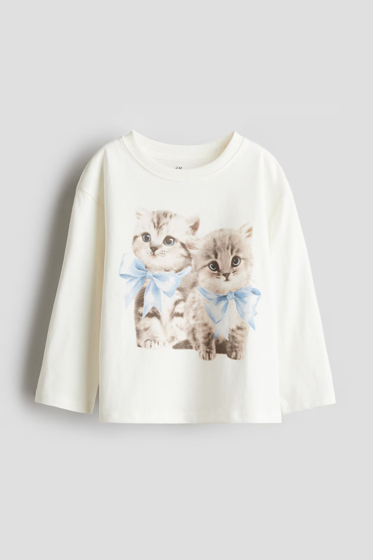 Printed Cotton Top - Round Neck - Long sleeve - Natural white/kittens - Kids | H&M US | H&M (US + CA)