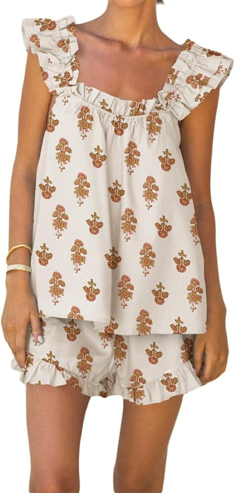 Aopwsrlyi Womens Floral Pajama Set Cute Ruffle Trim Cami Tank Top and Shorts Set Summer 2 Piece O... | Amazon (US)