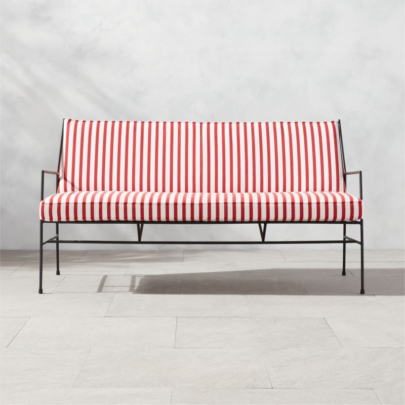 Pavilion Black Metal Outdoor Patio Sofa with Striped Sunbrella Cushions Model 6490 | CB2 | CB2