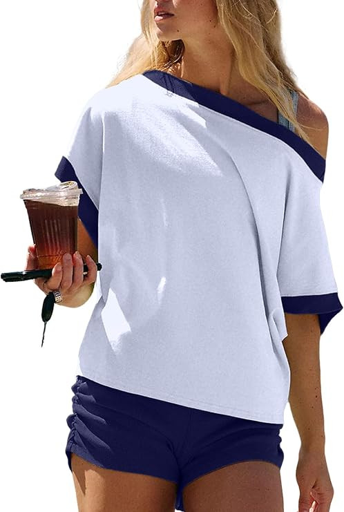 Women's 2 Piece Short Sets, Slouchy Dolman Sleeve Off Shoulder Tops with Ruched Shorts, Lounge Ma... | Amazon (US)
