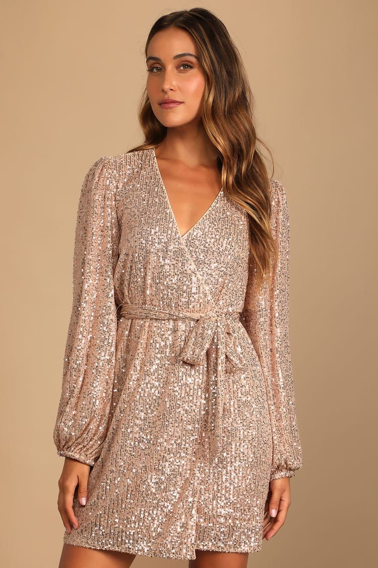 Sparkly Darling Rose Gold Sequin Long Sleeve Wrap Dress | Lulus (US)