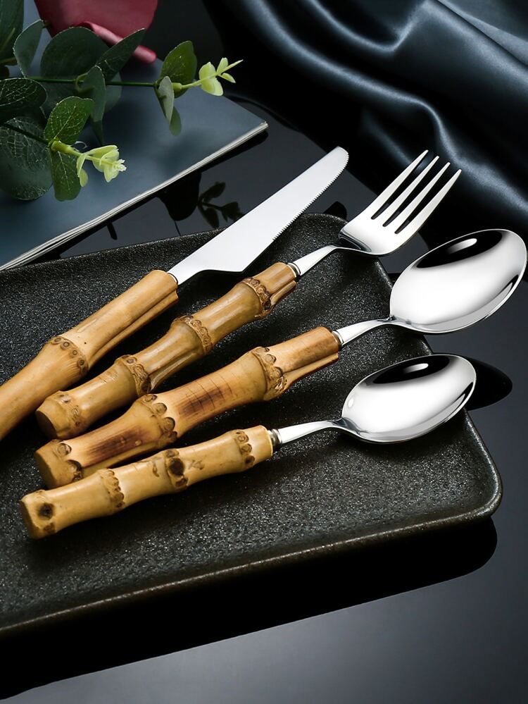 4pcs Bamboo Handle Cutlery Set | SHEIN