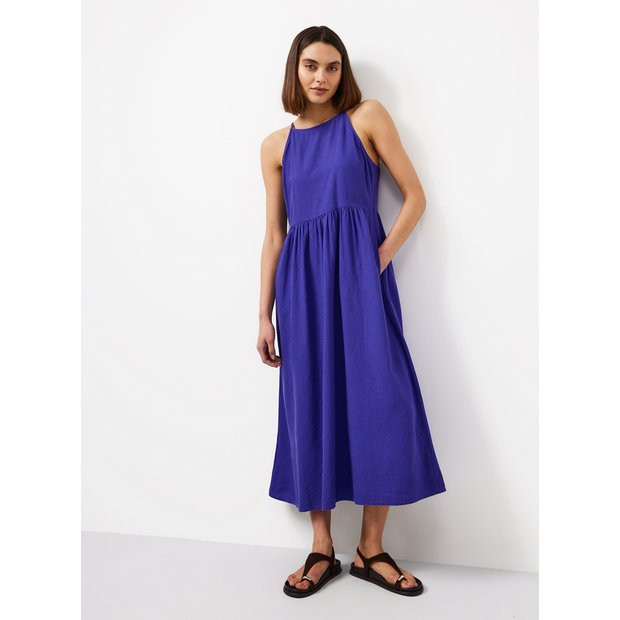 Blue Linen Blend Linen Waisted Dress 20 | Tu Clothing
